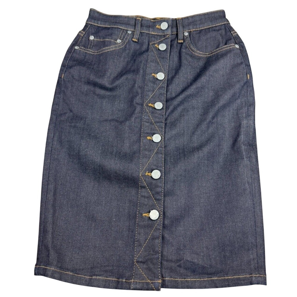 AllSaints Women Indigo Blue Denim Asymmetrical Button Front Midi Skirt Size 2